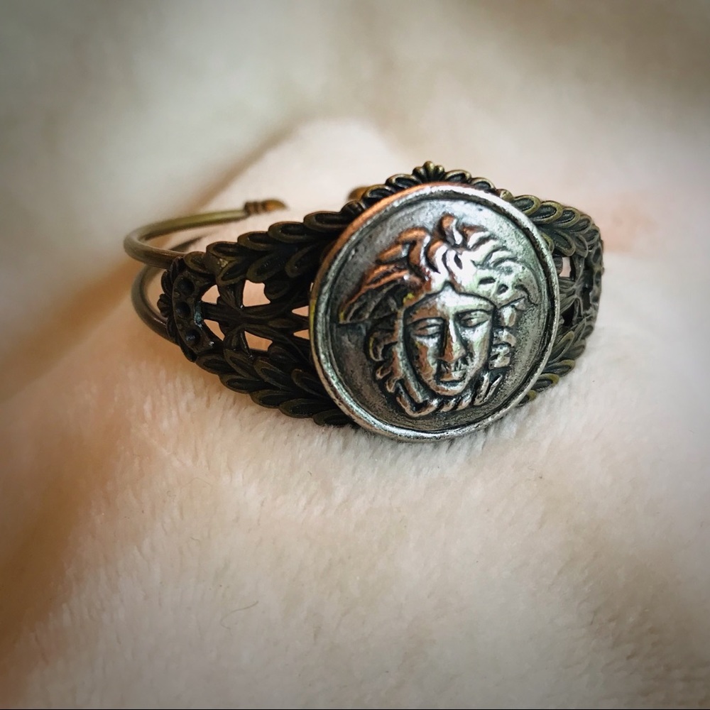 Artisan Handcrafted Silver Tone Medusa Metal Button Brass Bracelet